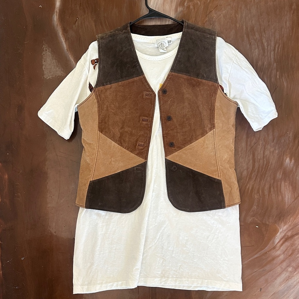 Brown and Tan Suede Vest and cowboy T-shirt dress